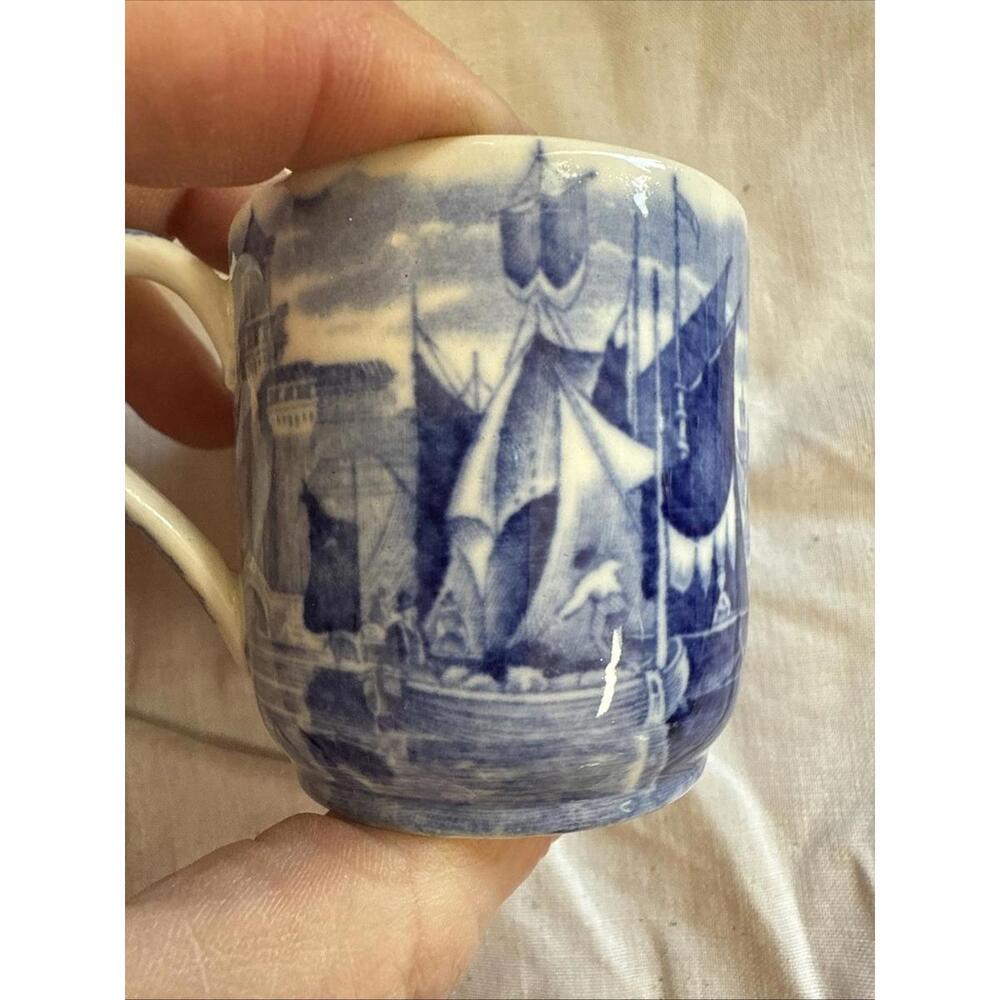 Antique Wedgwood Ferrara Demitasse Teacup &  Saucer Blue Ships Floral England - Picture 8 of 15